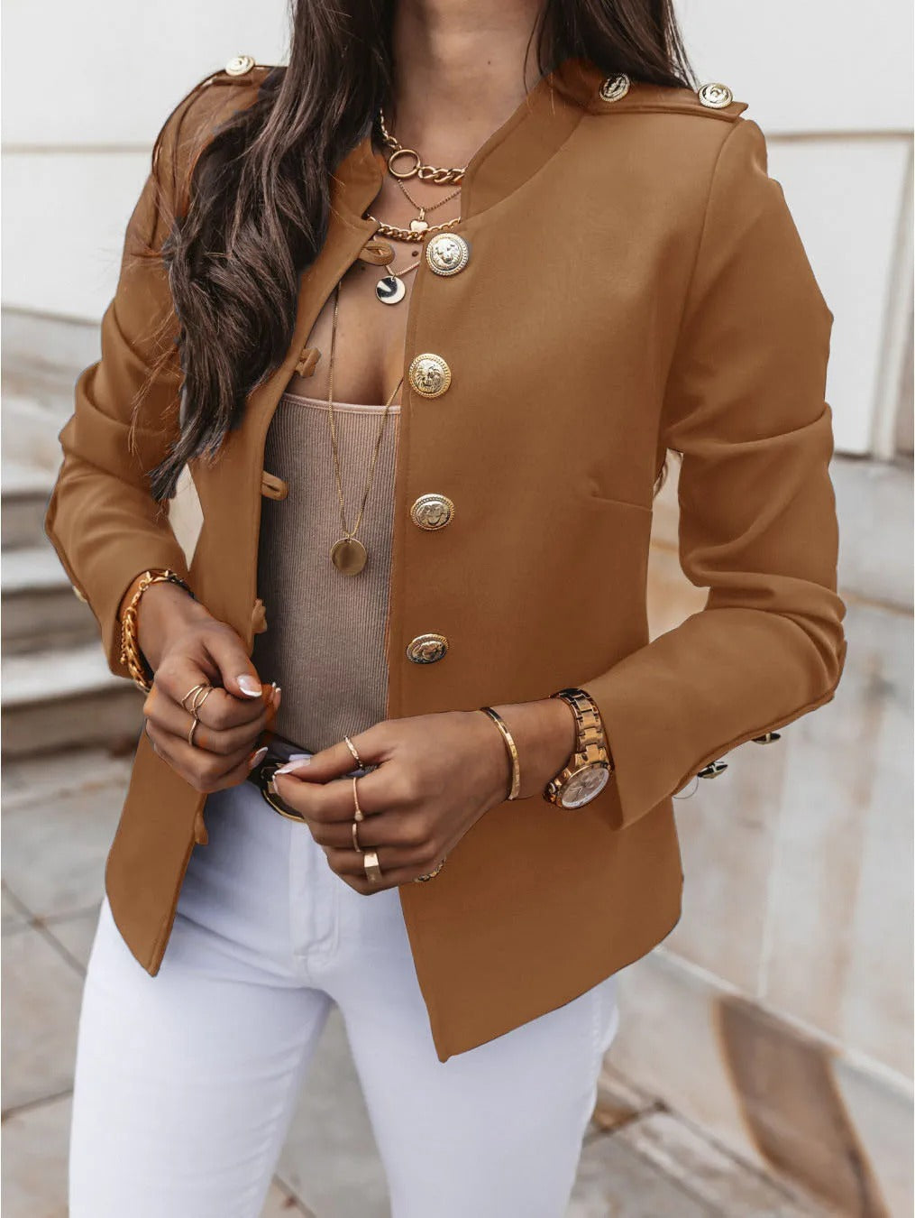 ModeGeist | Eleganter O Ausschnitt Blazerjacke mit Langen Ärmeln
