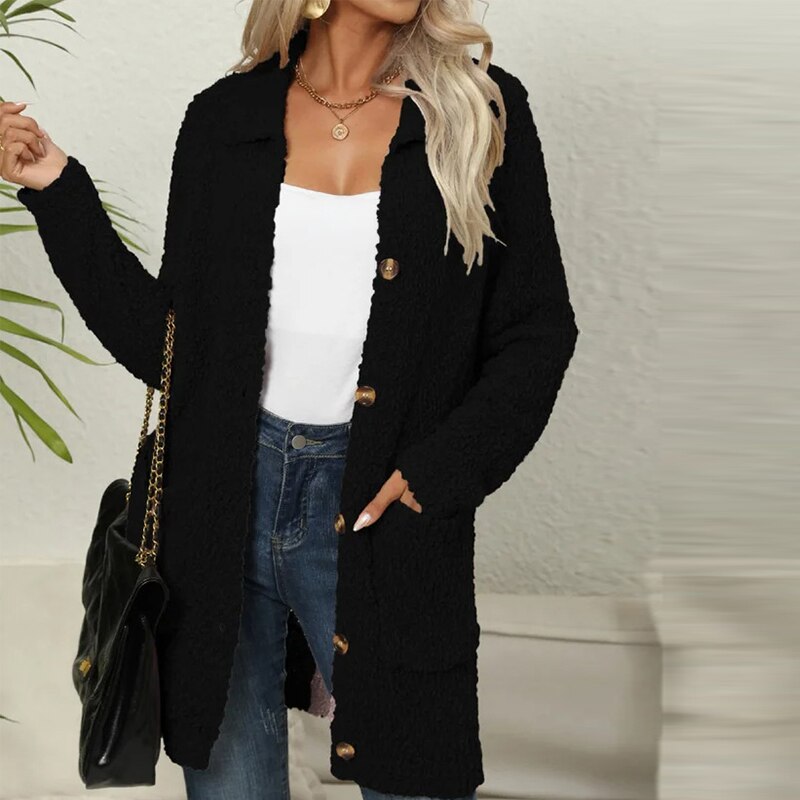 ModeGeist | Langes Strickgilet Aus Weichem Fleece-Stoff mit Taschen für Frauen