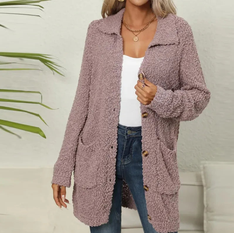 ModeGeist | Lange Teddyjacke mit Knopfverschluss Fleece Weich und Warm