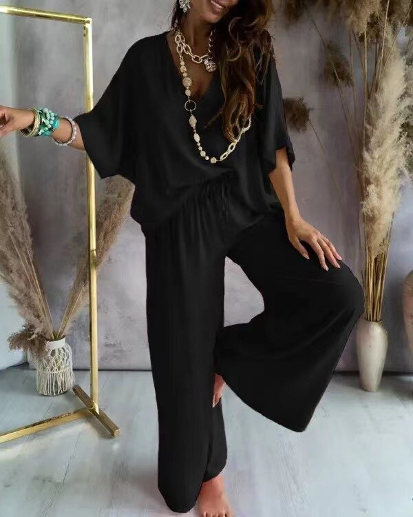 Avelena Women's Casual Two-Piece Suit: Shirt & Wide-Leg Pants