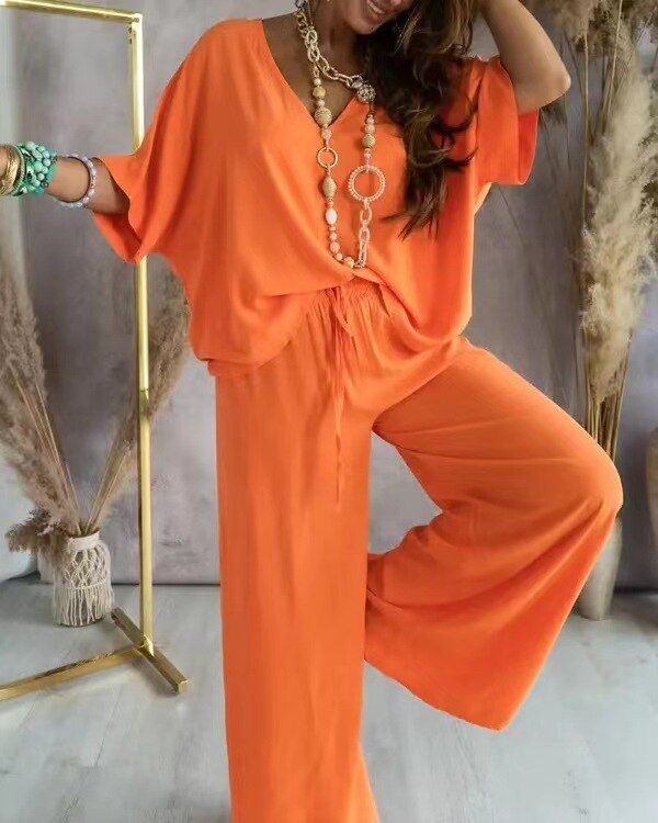 Avelena Women's Casual Two-Piece Suit: Shirt & Wide-Leg Pants