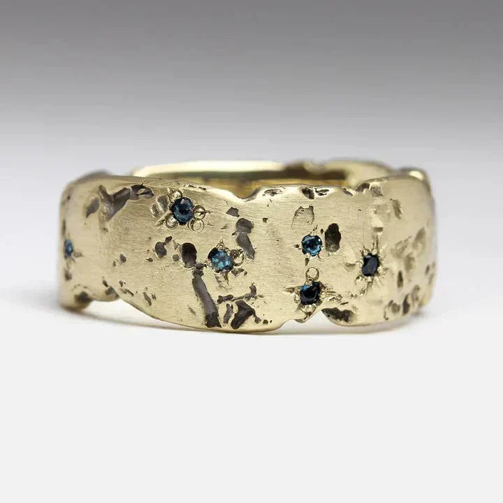 MODEGEIST Damen Vintage-Ring Gehämmert Gold Blau