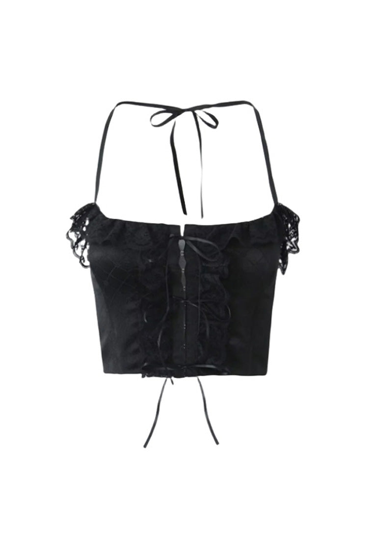 Fudus Halsband mit Schleifenknoten, Haken und Öse, zerknittertes Crop Top mit Spitzenbesatz