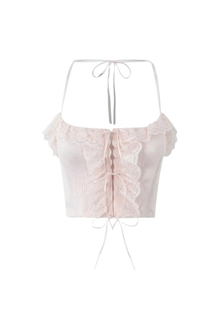 Fudus Halsband mit Schleifenknoten, Haken und Öse, zerknittertes Crop Top mit Spitzenbesatz