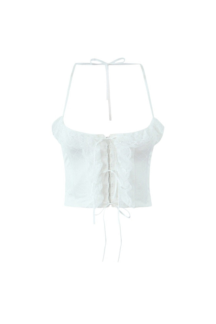 Fudus Halsband mit Schleifenknoten, Haken und Öse, zerknittertes Crop Top mit Spitzenbesatz
