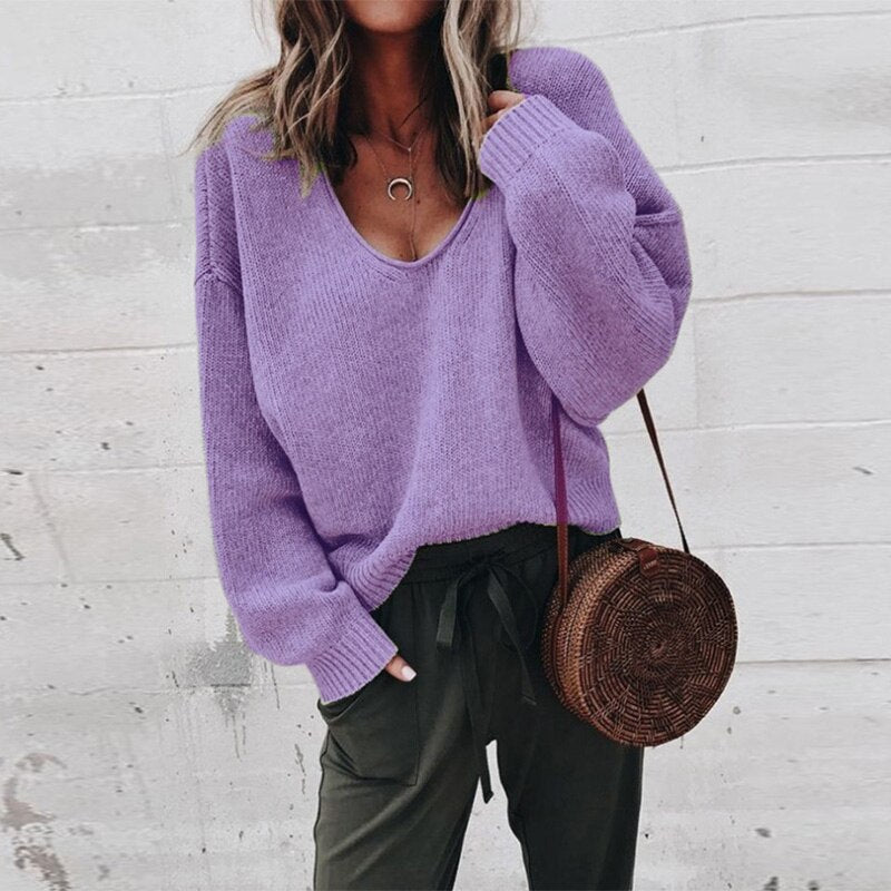 ModeGeist | Pullover - Damen Herbst Lockere V-Ausschnitt Gestrickter Pullover