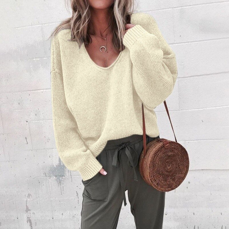 ModeGeist | Pullover - Damen Herbst Lockere V-Ausschnitt Gestrickter Pullover
