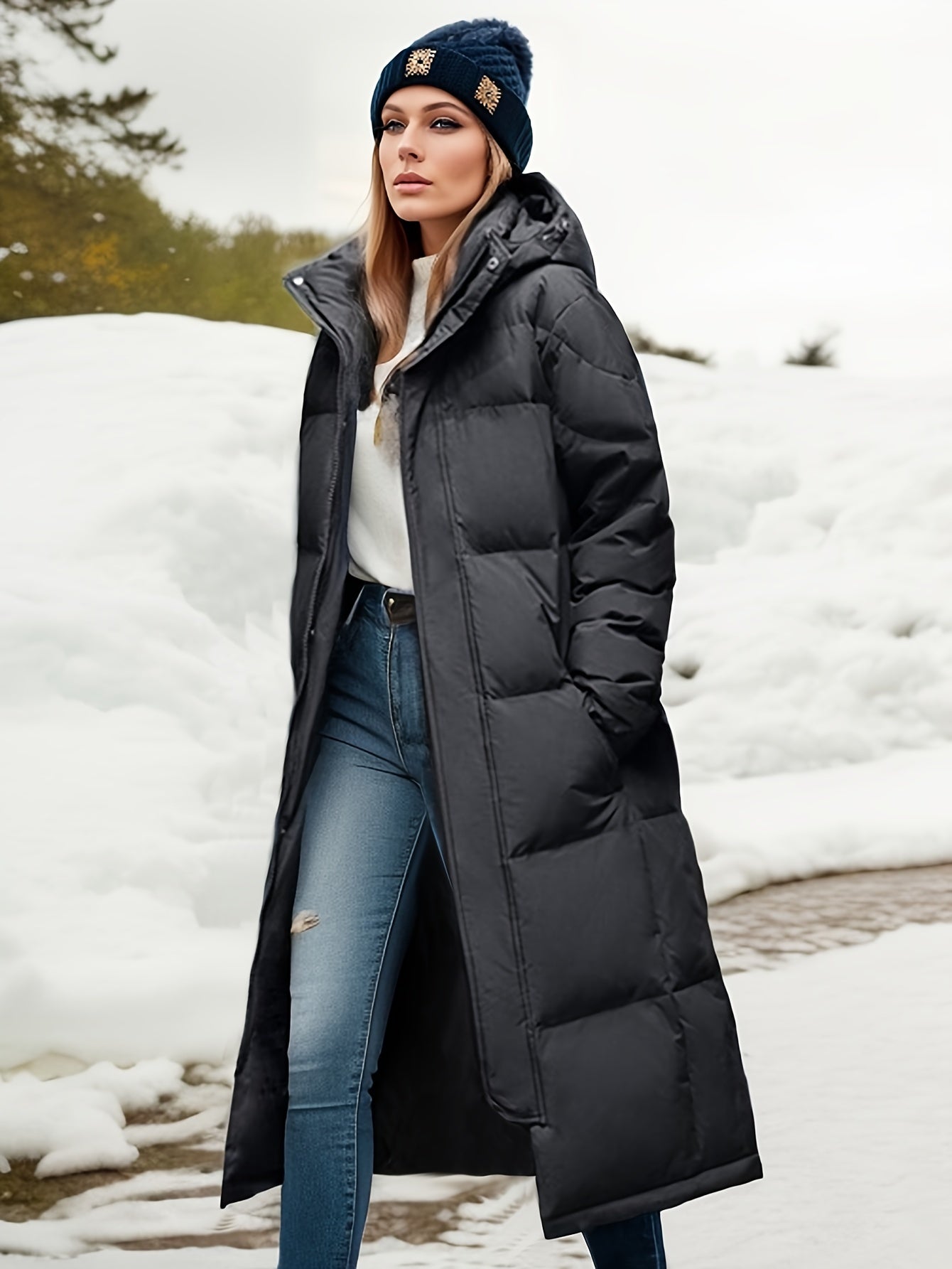 ModeGeist | Damen Langer Daunenmantel mit Kapuze für Herbst/Winter