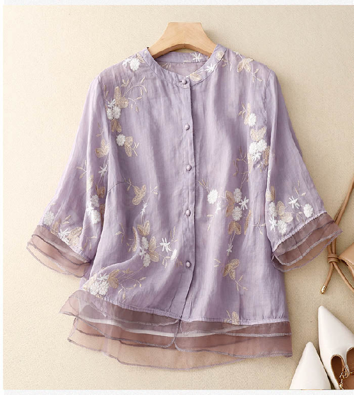 MODEGEIST Damen Bluse Blumenstickerei Leichte Baumwolle Beige Elegant