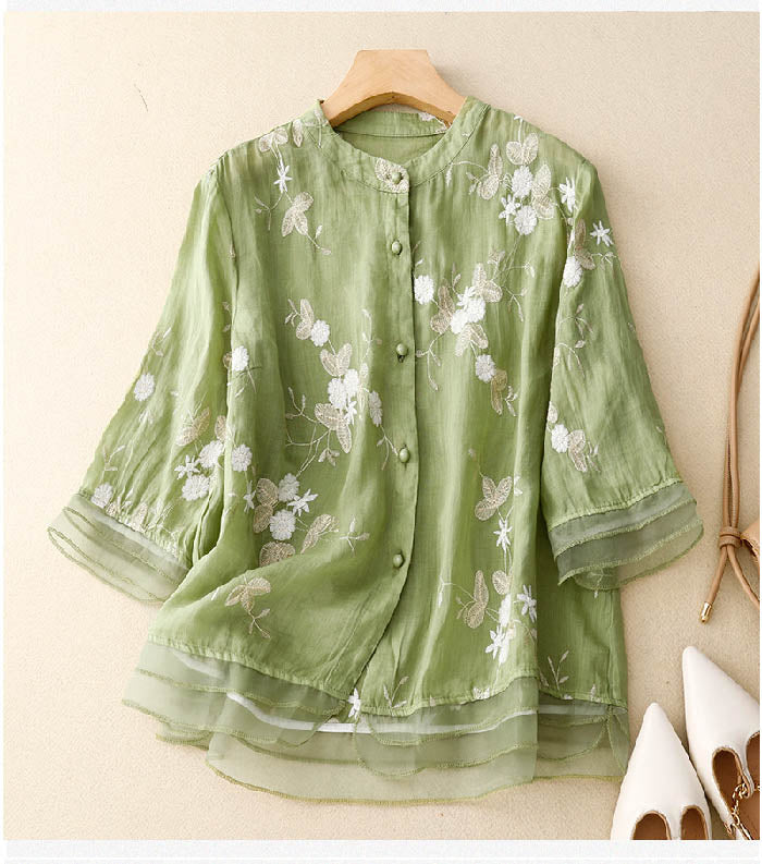 MODEGEIST Damen Bluse Beige Blumenstickerei Baumwolle
