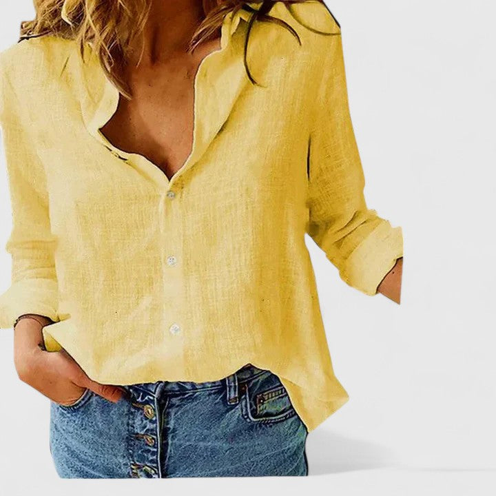 MODEGEIST Damen Button-Down Bluse Leinen Wellenförmiger Reverskragen Relaxed-Fit