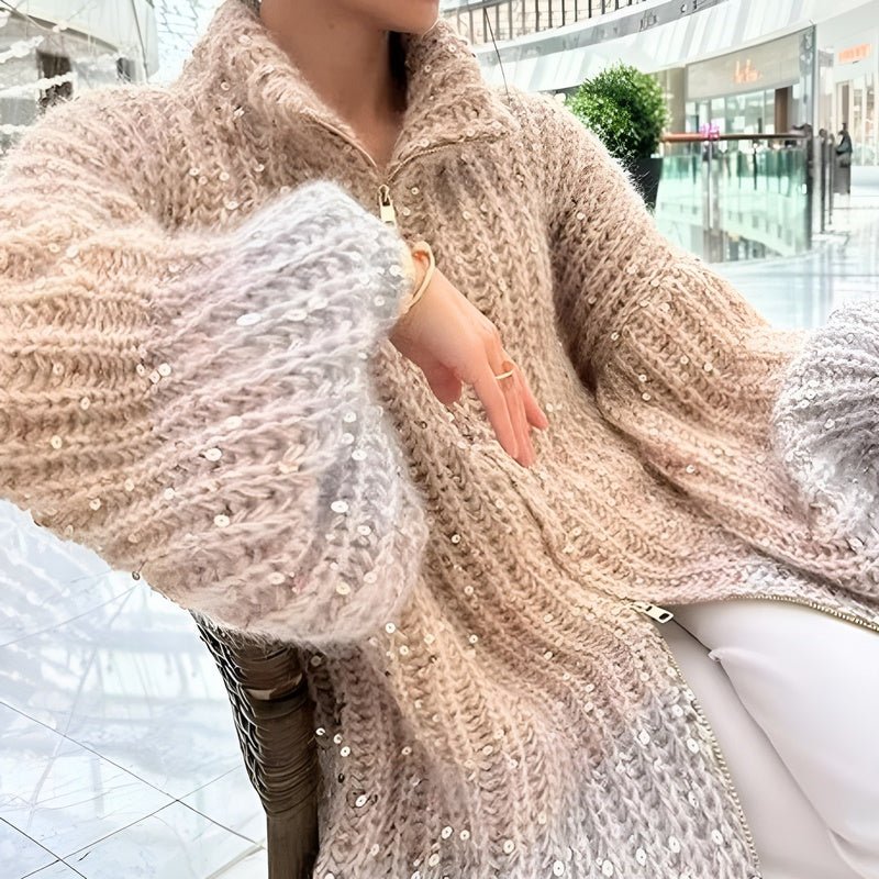 ModeGeist | Stylischer Gestrickter Glitzerpullover mit Reißverschluss